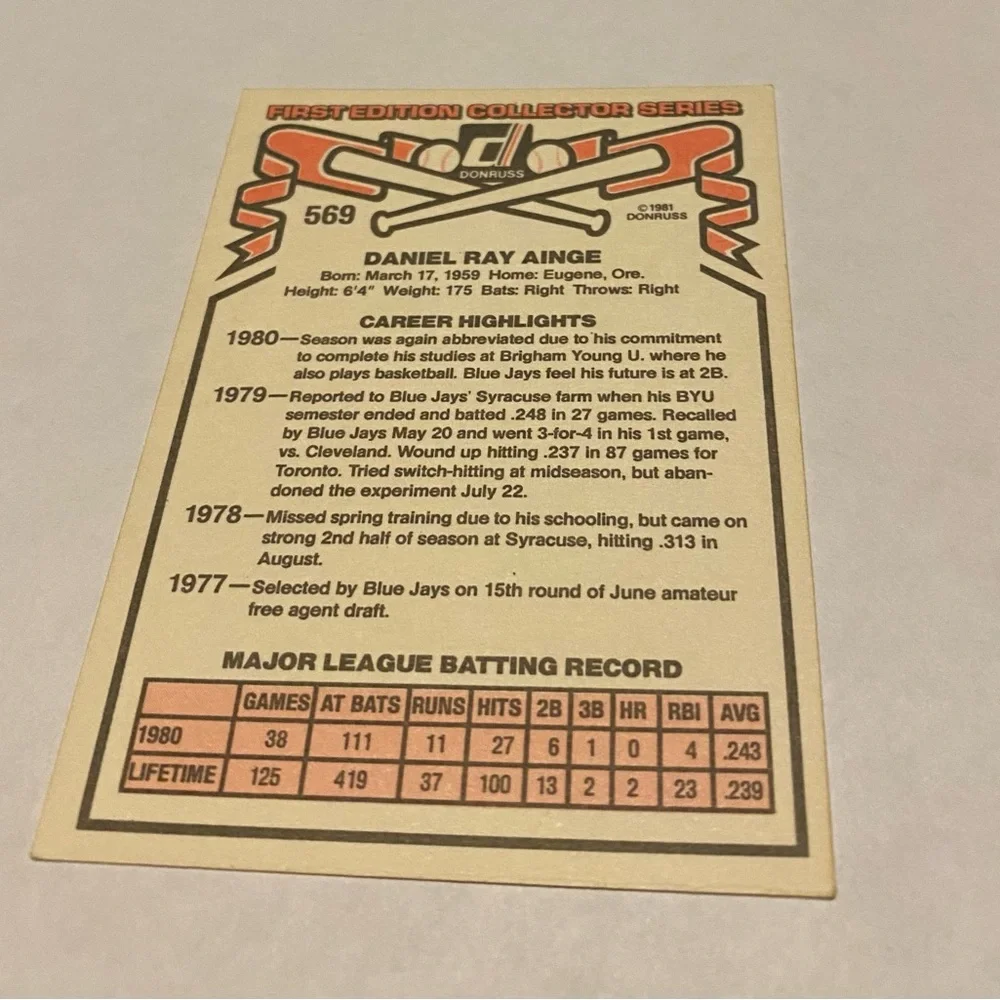 Danny Ainge RC Rookie 1981 Donruss Baseball Card #569 Toronto Blue Jays vintage